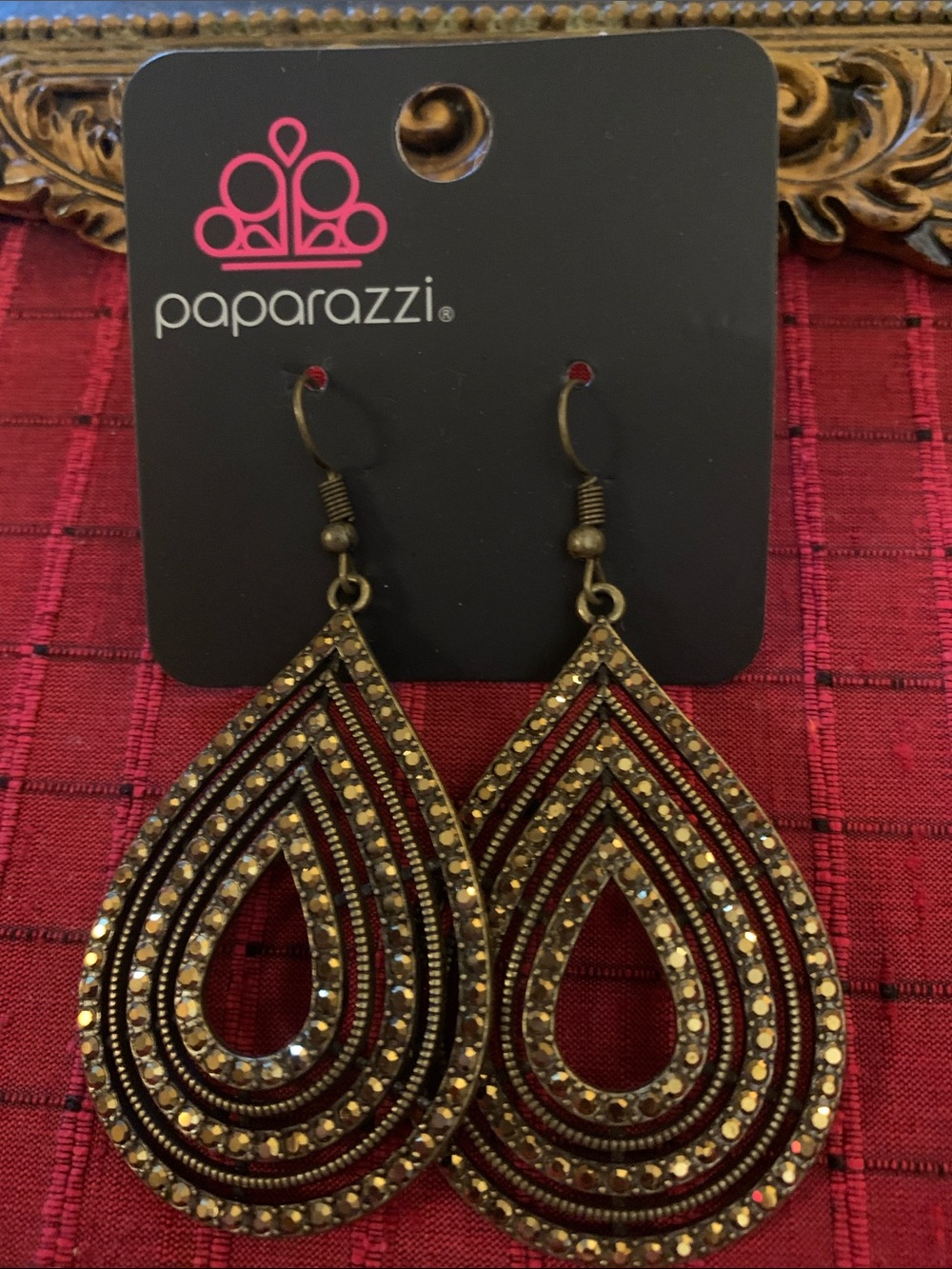 paparazzi Gold and Maroon Teardrop Dangle Earrings